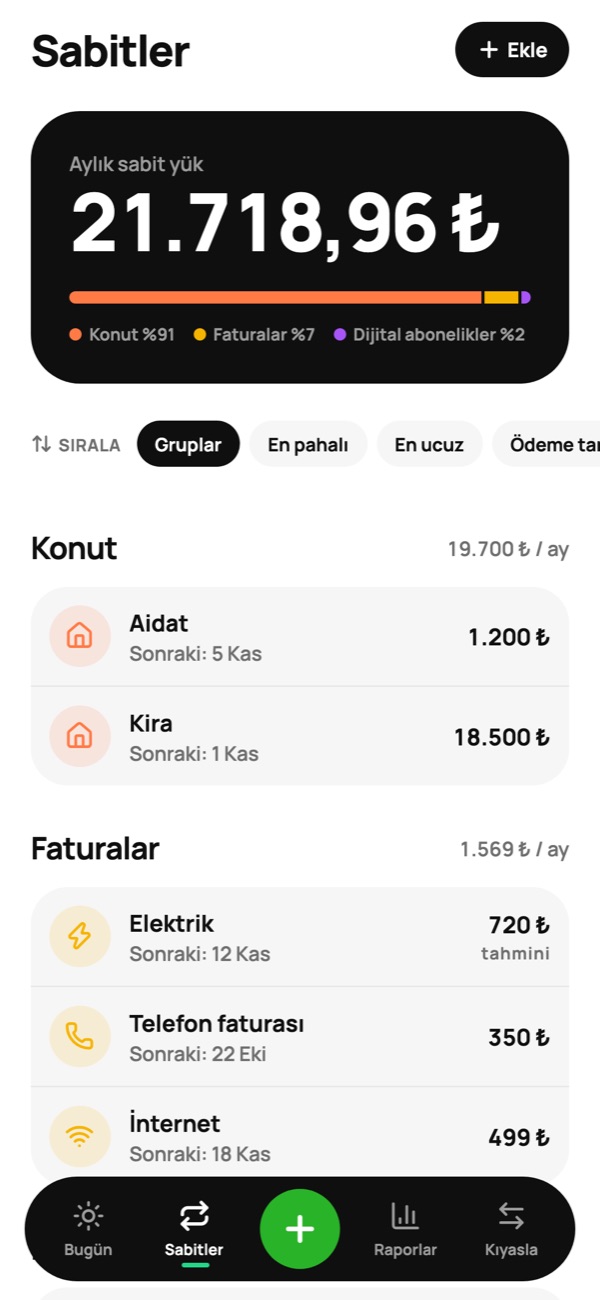 Sabit giderler ekranı