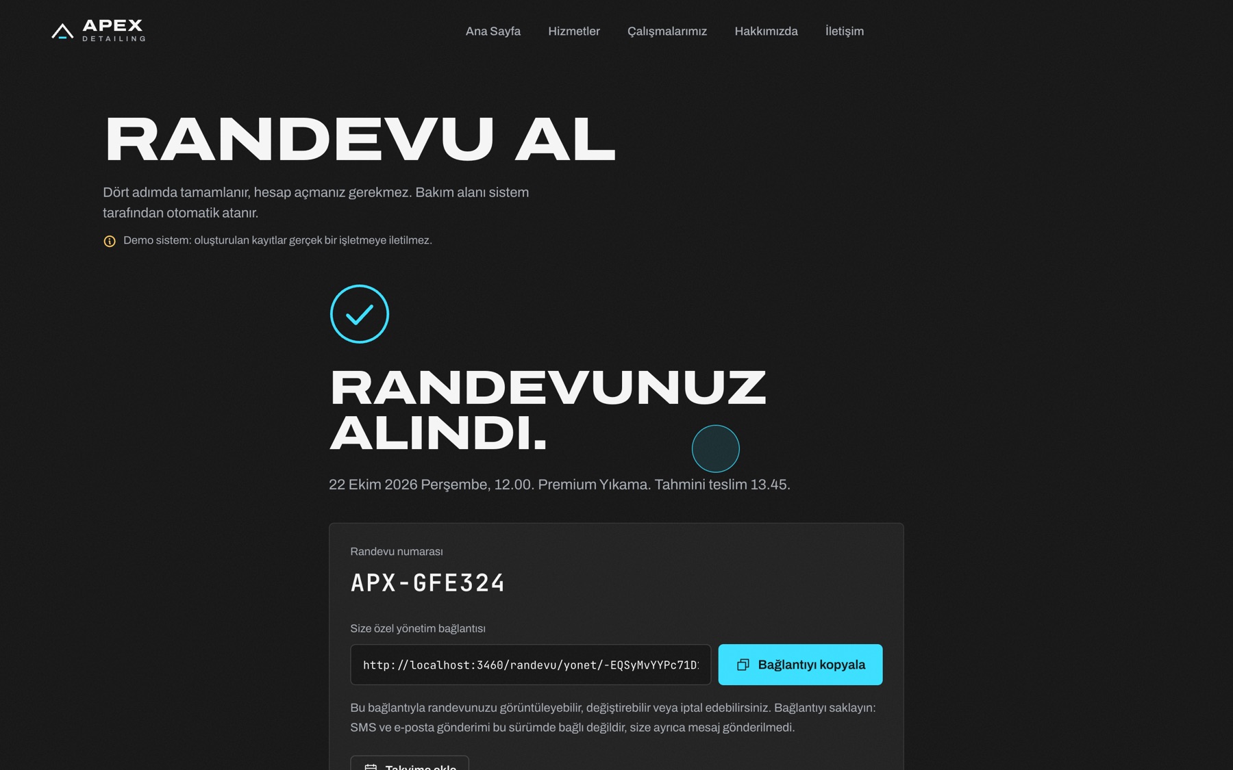 Randevu alındı: kod ve yönetim bağlantısı