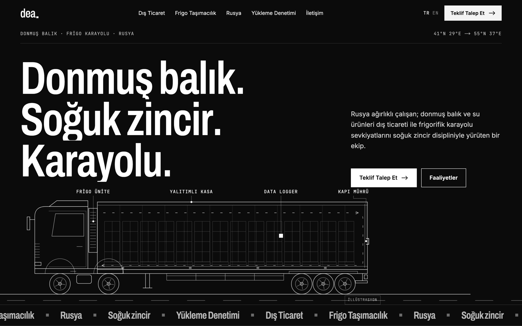 DEA ana sayfası: frigorifik tır çizimi ve 'Donmuş balık. Soğuk zincir. Karayolu.' başlığı