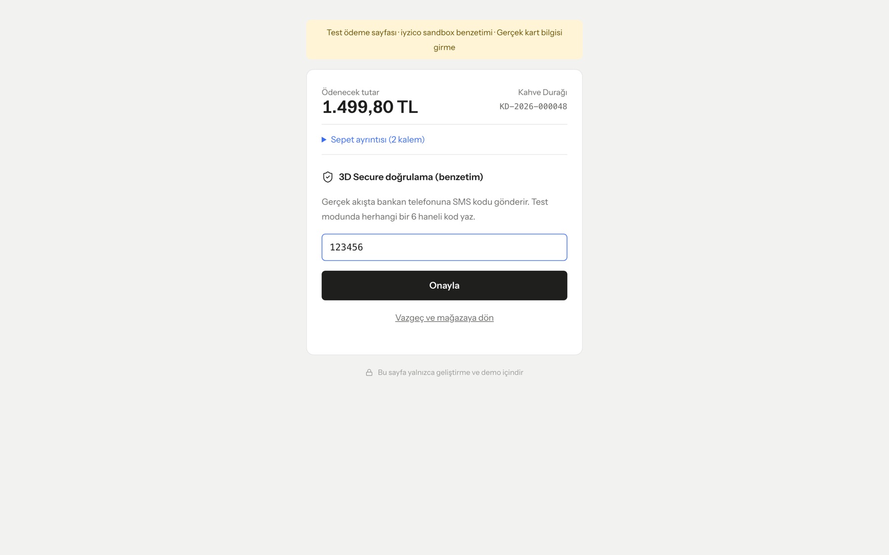3D Secure SMS doğrulaması (test modu)