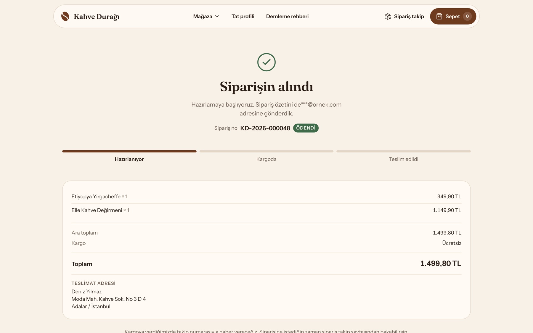 Sipariş alındı sayfası