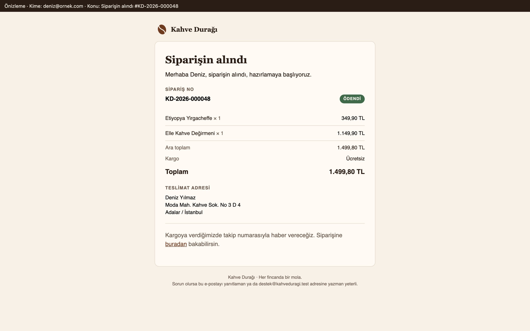 Sipariş onay e-postası önizlemesi